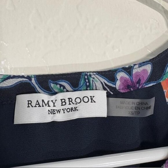 Ramy Brook Shirt Womens XS Navy Multicolor Floral Sheer Chiffon Ruffle Top - Picture 3 of 8
